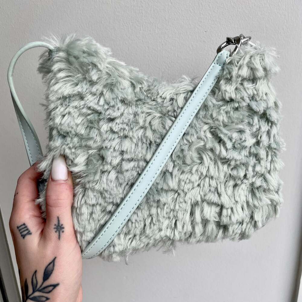 NEW ASOS Faux Fur Shoulder Bag w/ Chain Link Strap Mint Green Baby Blue Purse